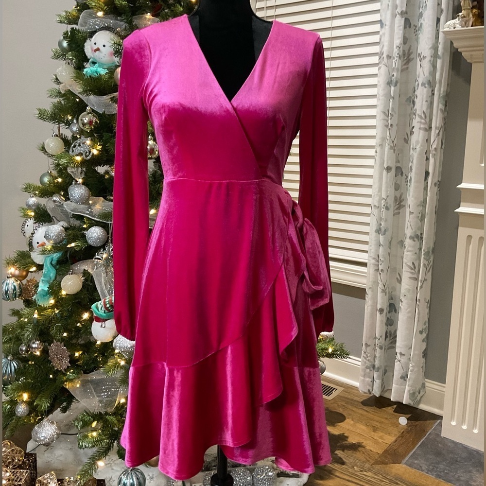 Altar'd State Velvet/ Velour Fuchsia Long Sleeve Wrap Dress
